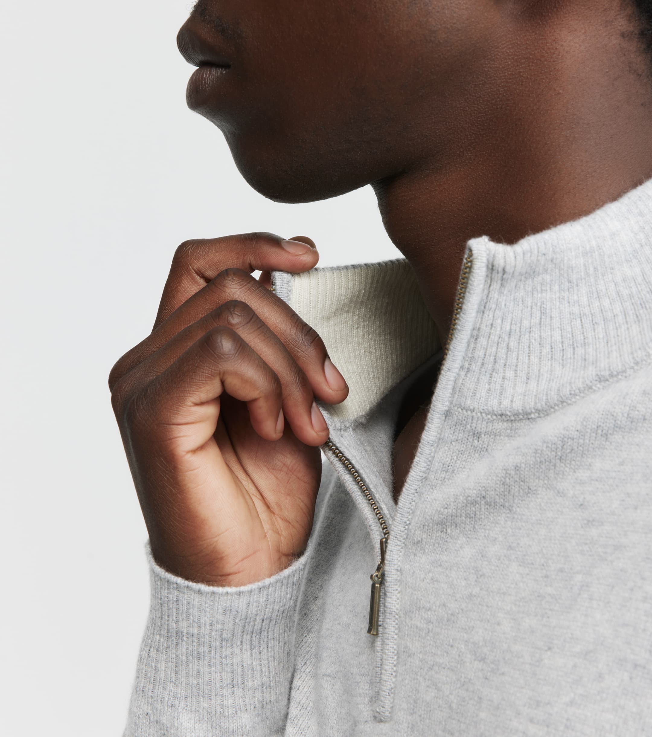 Mens Essential Cashmere Quarter Zip Sweater - Grey Melange/Cream
