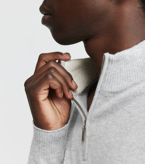 Mens Essential Cashmere Quarter Zip Sweater - Grey Melange/Cream