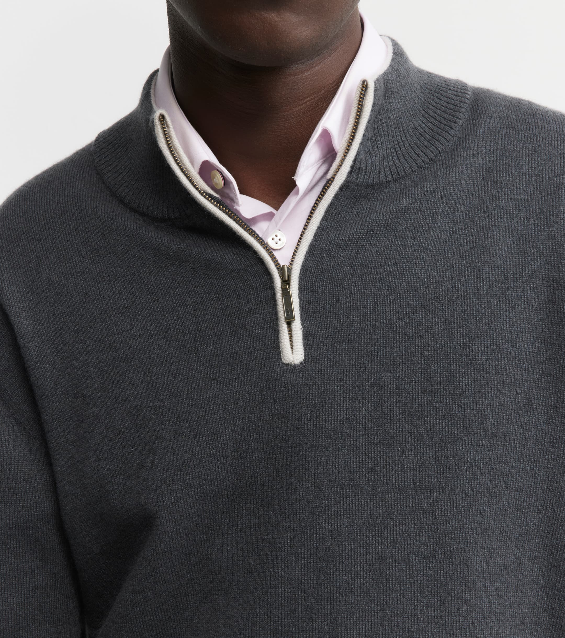 Mens Essential Cashmere Quarter Zip Sweater - Steel/Pebble