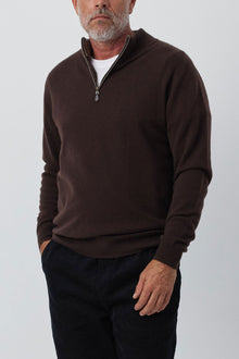  Mens Essential Cashmere 1/4 Zip Sweater - Cacao/Walnut