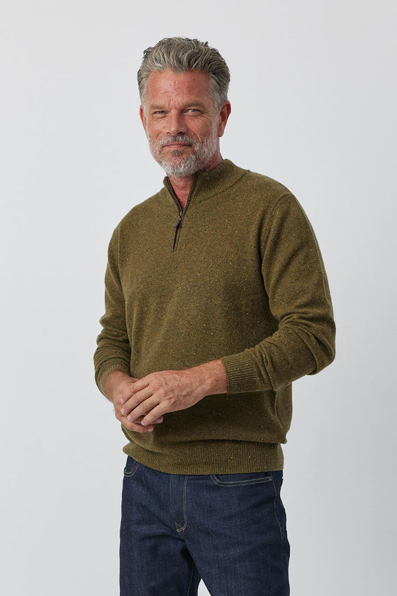 Mens Essential Cashmere 1/4 Zip Sweater - Moss/Cacao