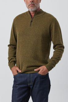  Mens Essential Cashmere 1/4 Zip Sweater - Moss/Cacao