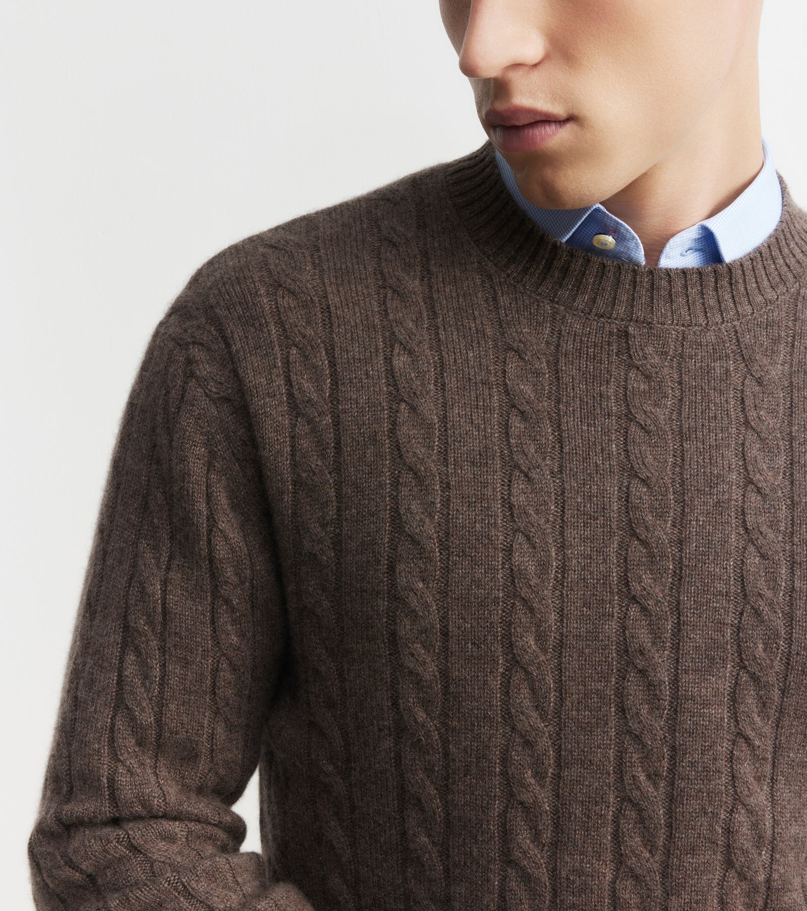 Mens Cashmere Cable Crew Sweater - Brown Melange