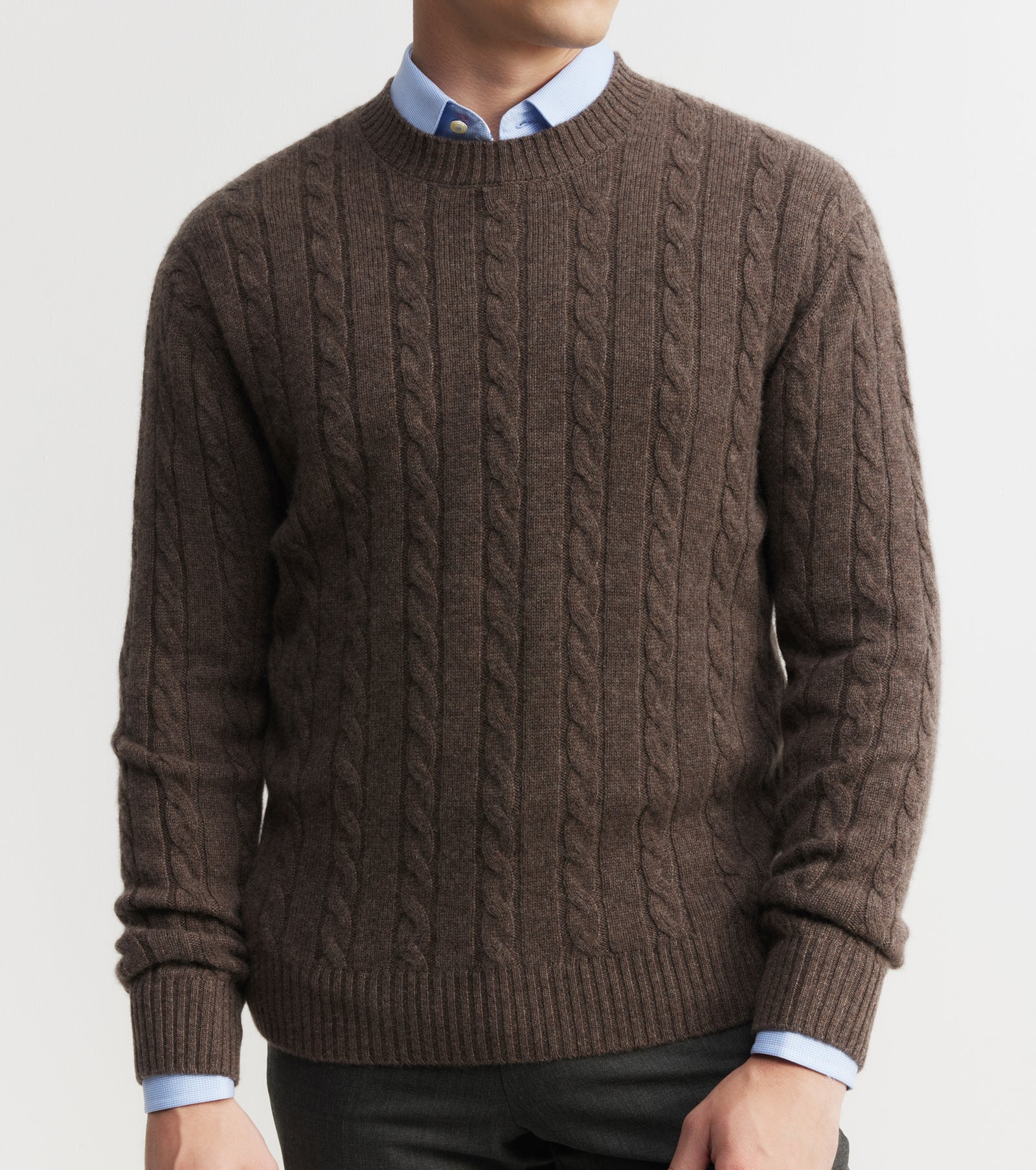 Mens Cashmere Cable Crew Sweater - Brown Melange