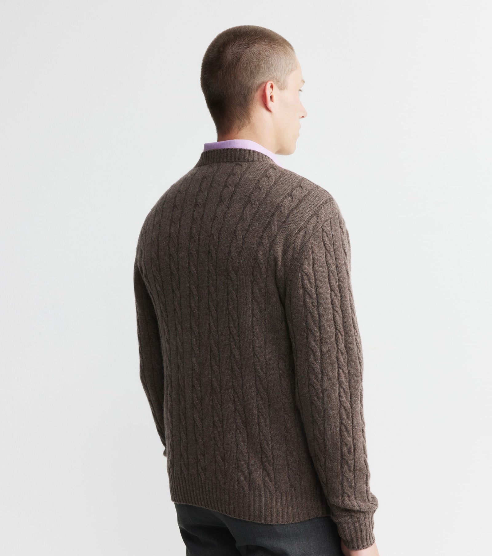 Mens Cashmere Cable Crew Sweater - Brown Melange
