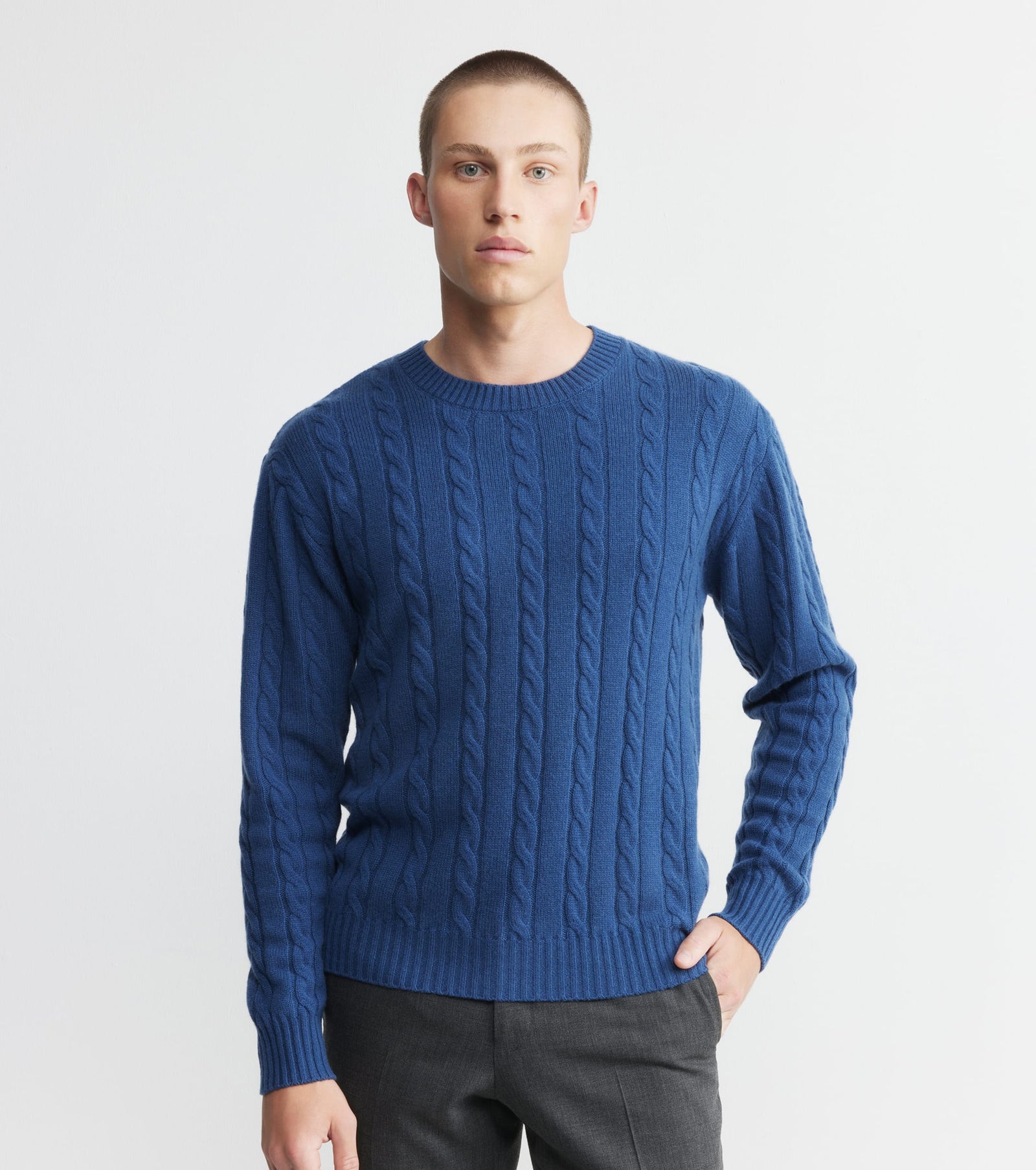 Mens Cashmere Cable Crew Sweater - Indigo