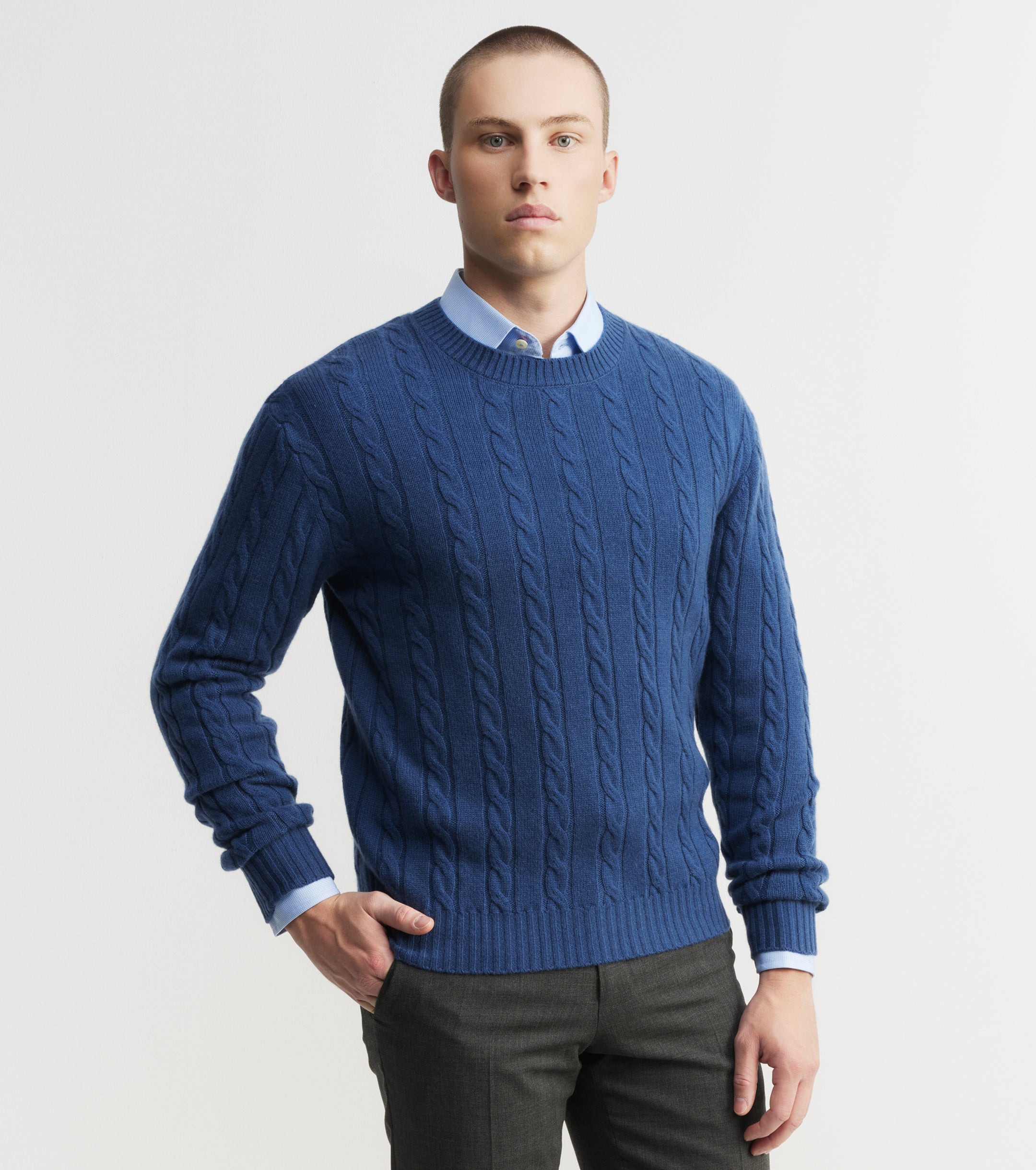 Mens Cashmere Cable Crew Sweater - Indigo