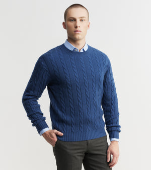 Mens Cashmere Cable Crew Sweater - Indigo