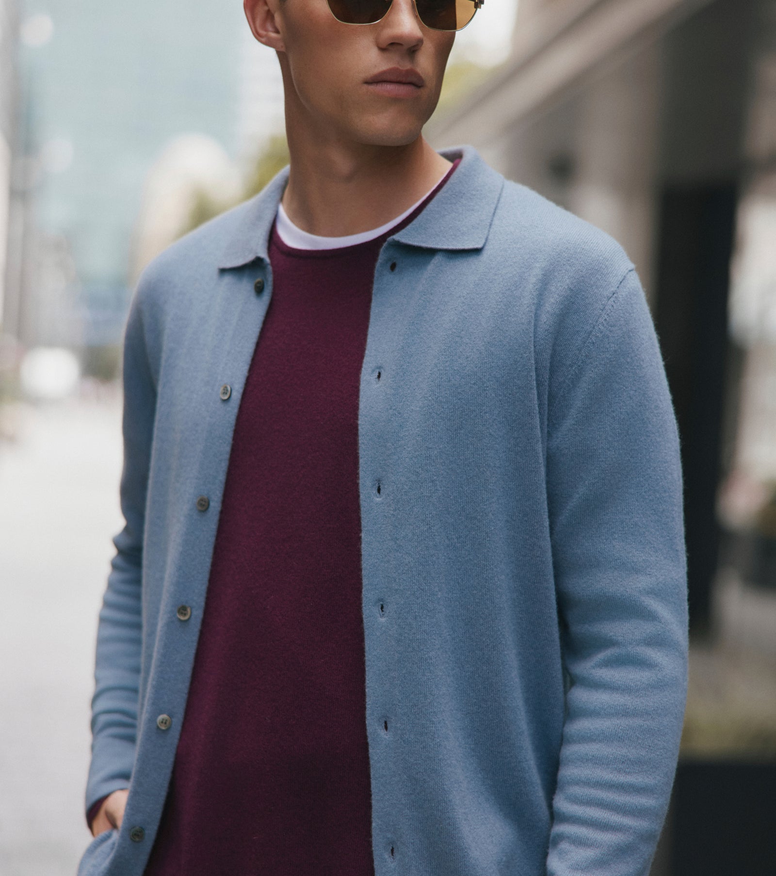 Mens Cashmere Cardigan with Collar - Steel Blue