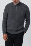Mens Cashmere Cable 1/4 Zip Sweater - Charcoal Donegal/ Dk Grey Melange