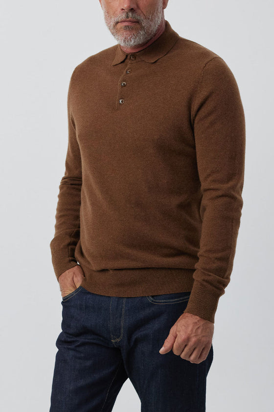 Mens Cashmere Long Sleeve Polo - Tan