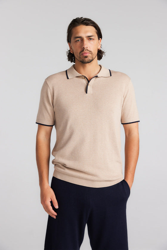 Mens Cotton Cashmere Polo - Beige/Navy