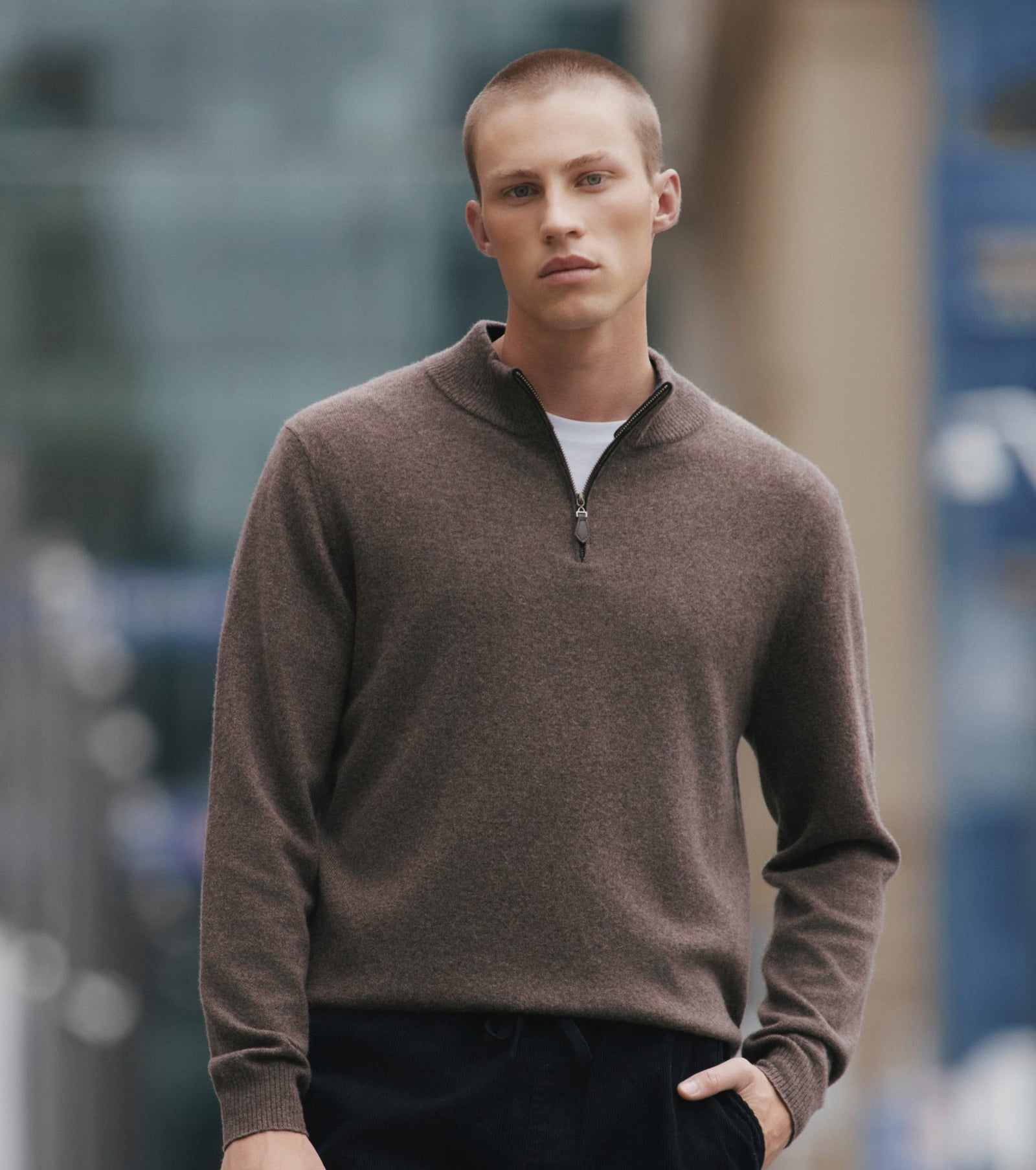 Mens Essential Cashmere Quarter Zip Sweater - Brown Melange