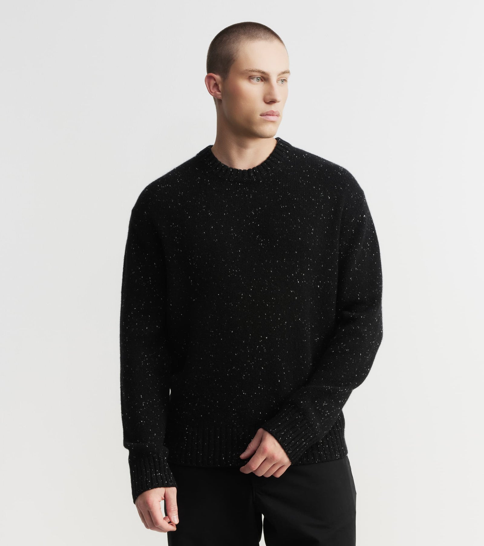Mens Cashmere Relaxed Crew - Black Speckle