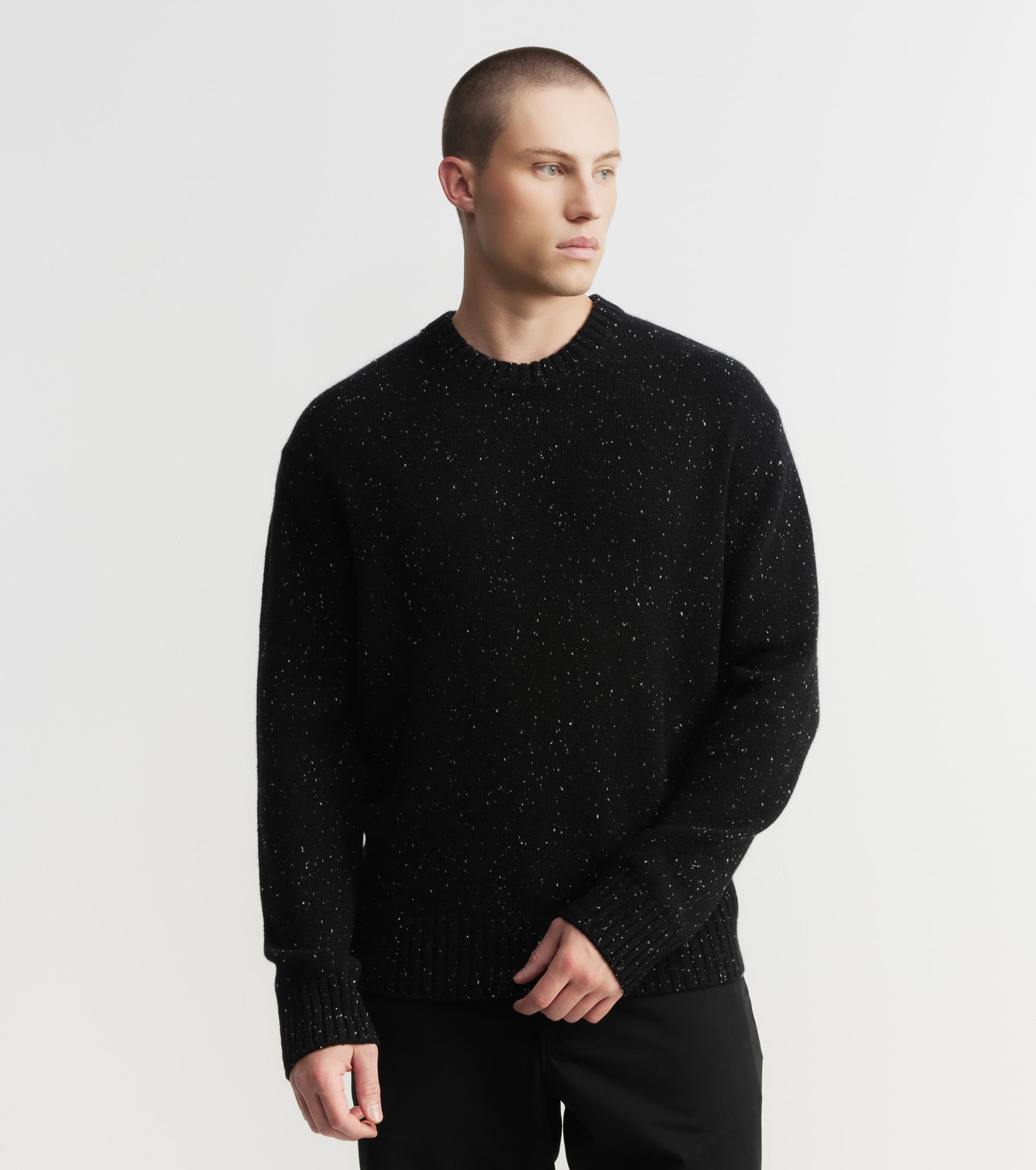 Mens Cashmere Relaxed Crew - Black Speckle