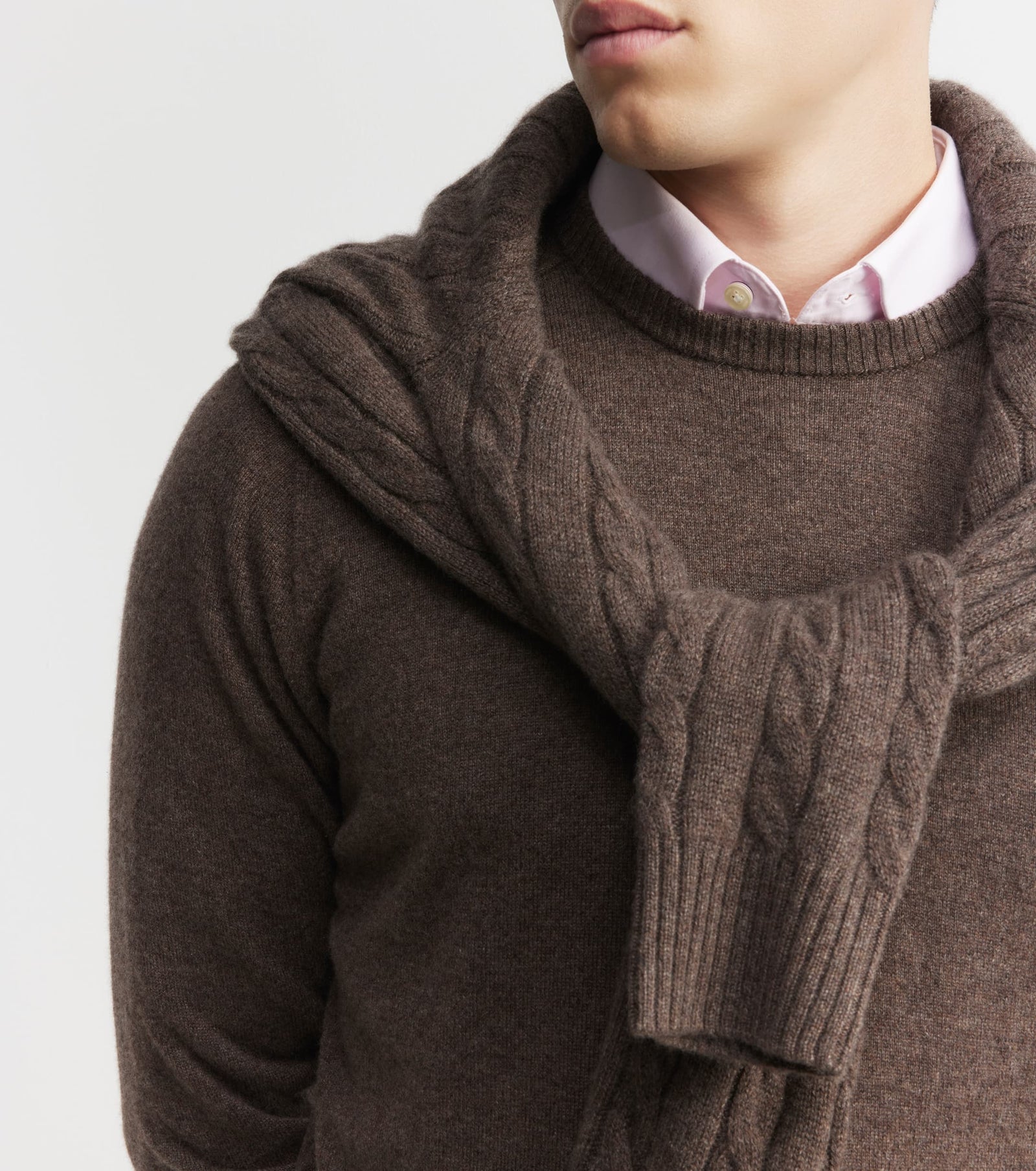 Mens Cashmere Saddle Crew - Brown Melange