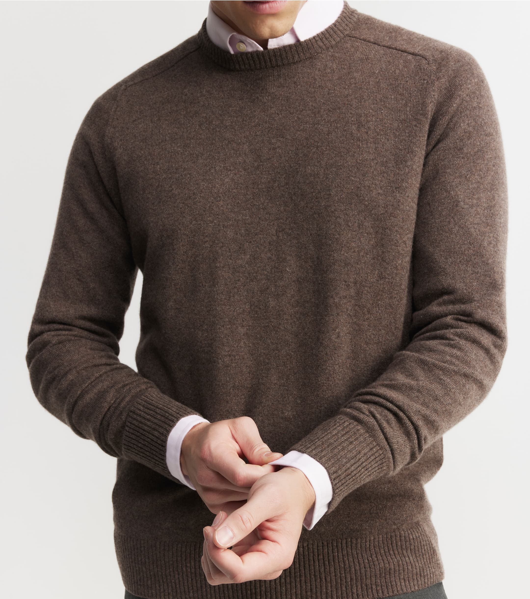 Mens Cashmere Saddle Crew - Brown Melange