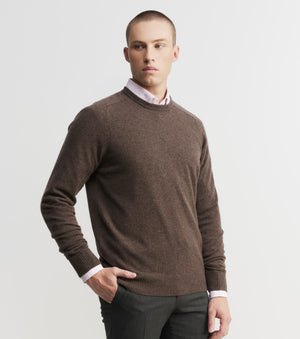 Mens Cashmere Saddle Crew - Brown Melange
