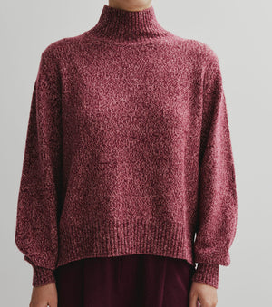 Cashmere Mock Neck with Balloon Sleeve - Burgundy/Pink