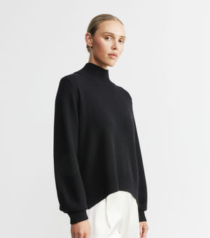 Cashmere Mock Neck with Balloon Sleeve - Black