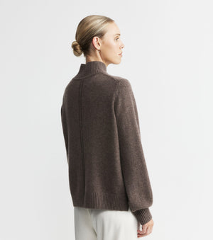 Cashmere Mock Neck with Balloon Sleeve - Brown Melange