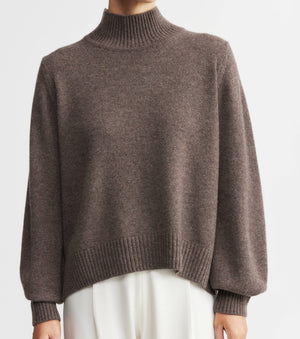 Cashmere Mock Neck with Balloon Sleeve - Brown Melange