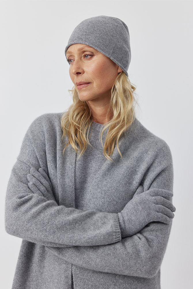 Cashmere Natural Roll Beanie - Dark Grey Melange