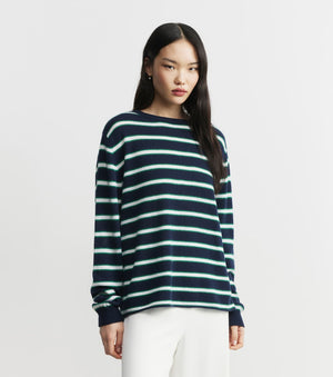 Featherweight Cashmere Oversize Crew - Navy Stripe
