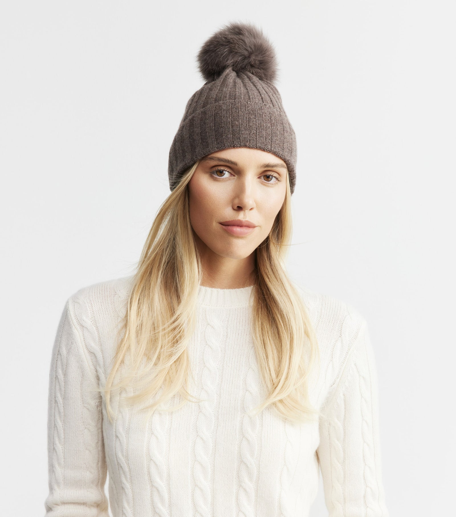 Cashmere Pom Pom Beanie - Brown Melange