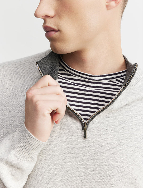 Mens Essential Cashmere Quarter Zip Sweater - Grey Melange/Graphite