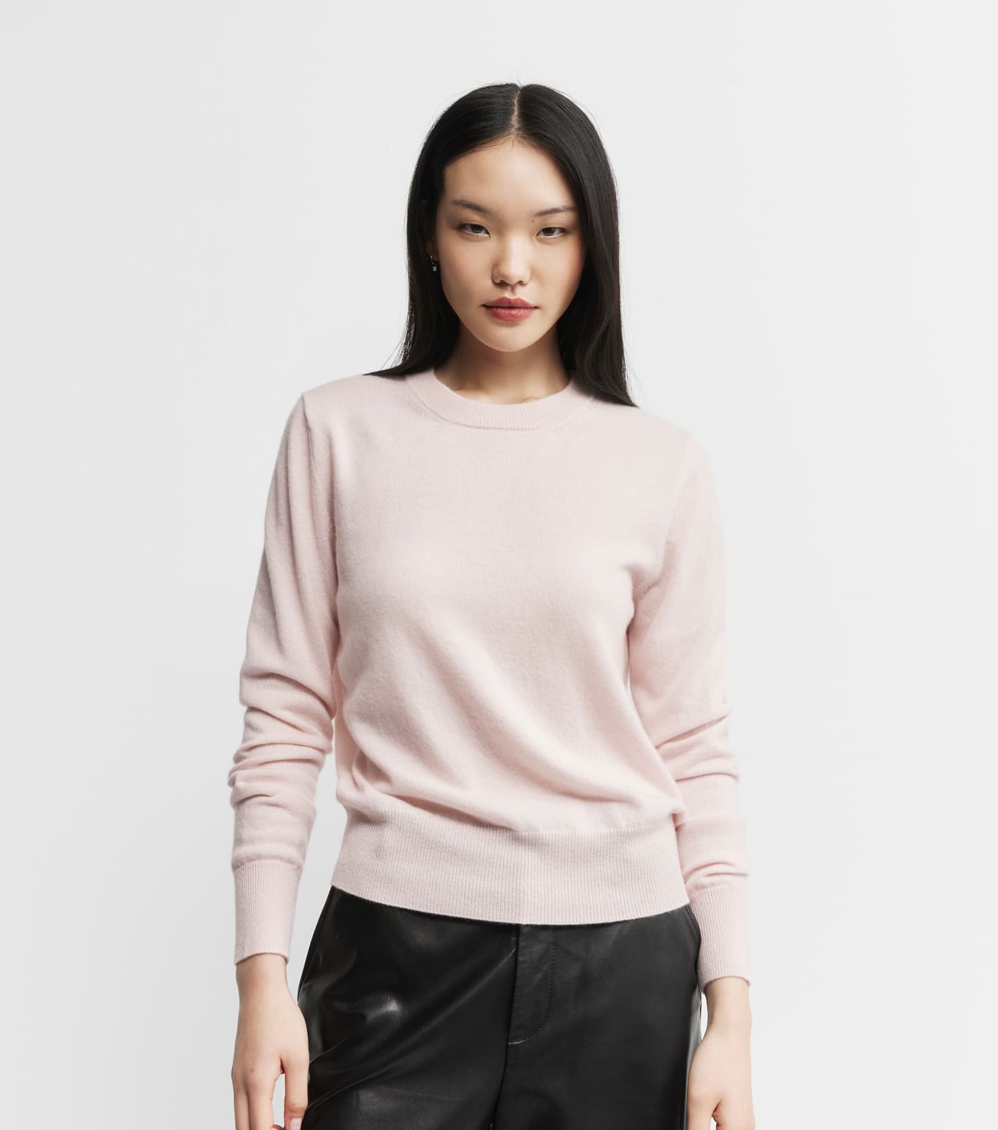 Essential Cashmere Rib Crew Sweater - Powder Pink