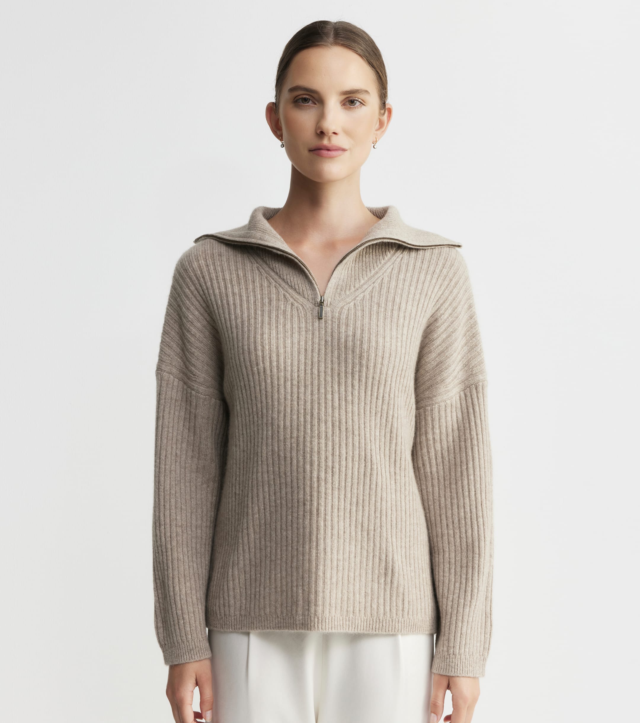 Cashmere Ribbed Quarter Zip - Birch