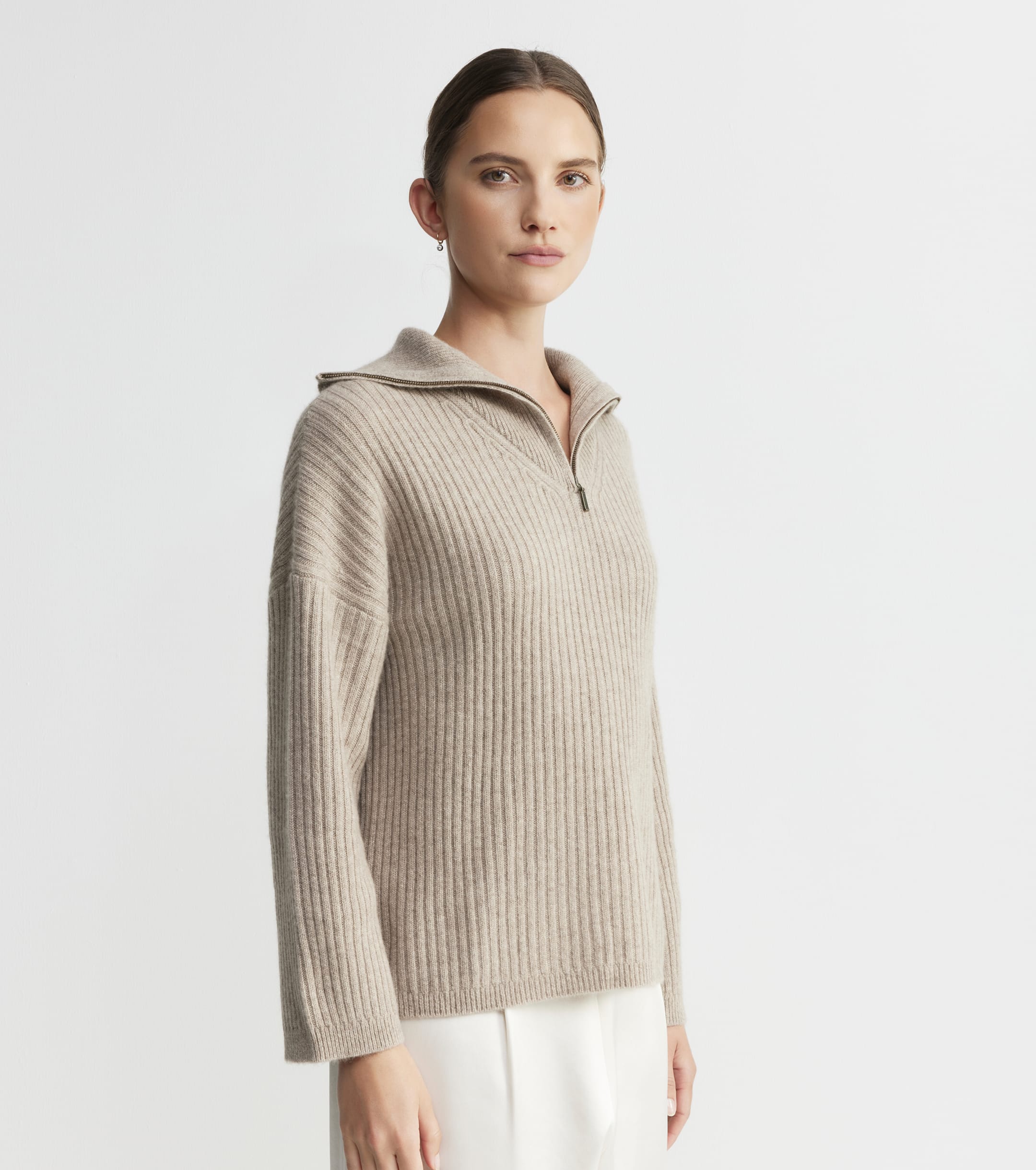 Cashmere Ribbed Quarter Zip - Birch