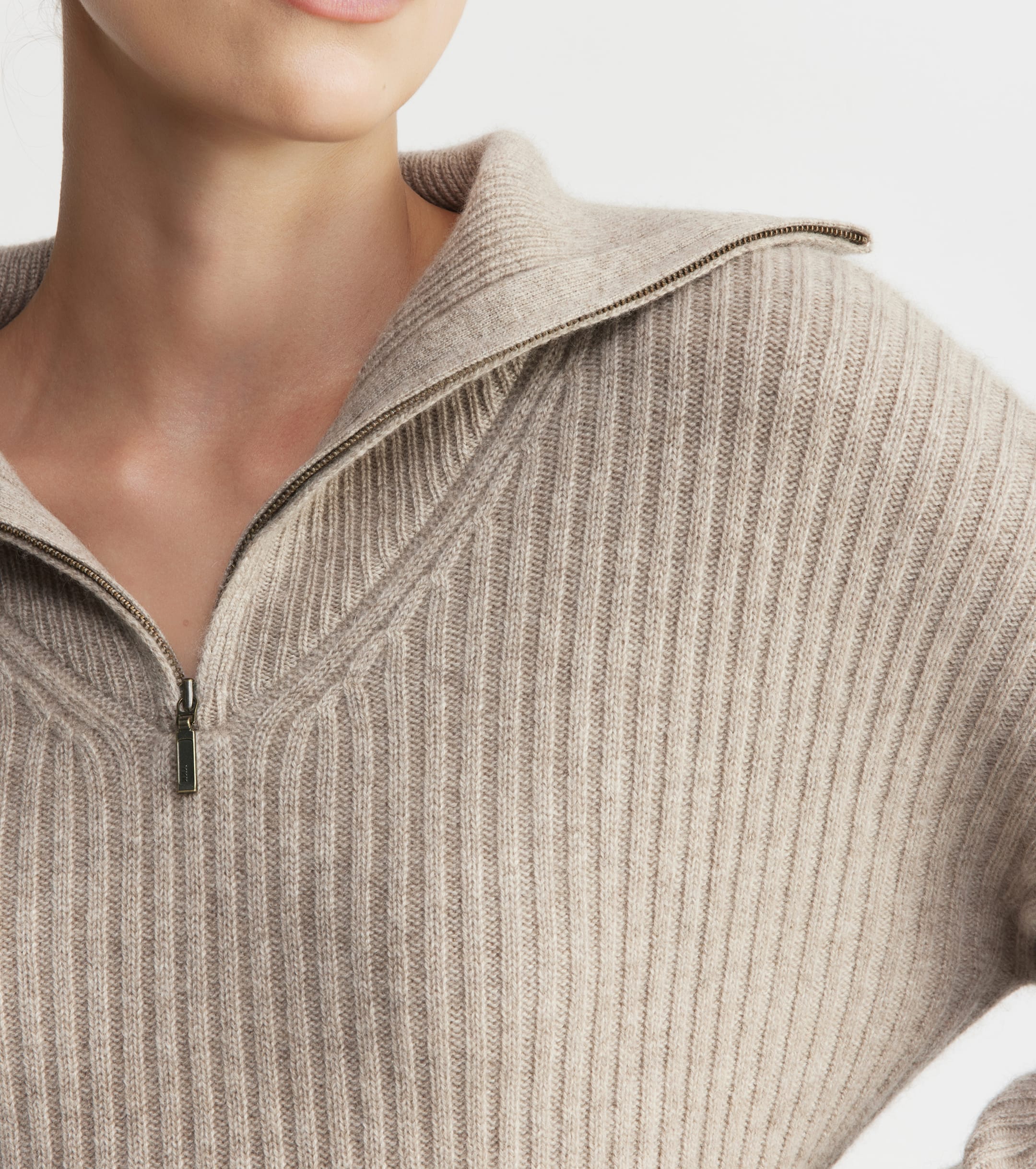 Cashmere Ribbed Quarter Zip - Birch