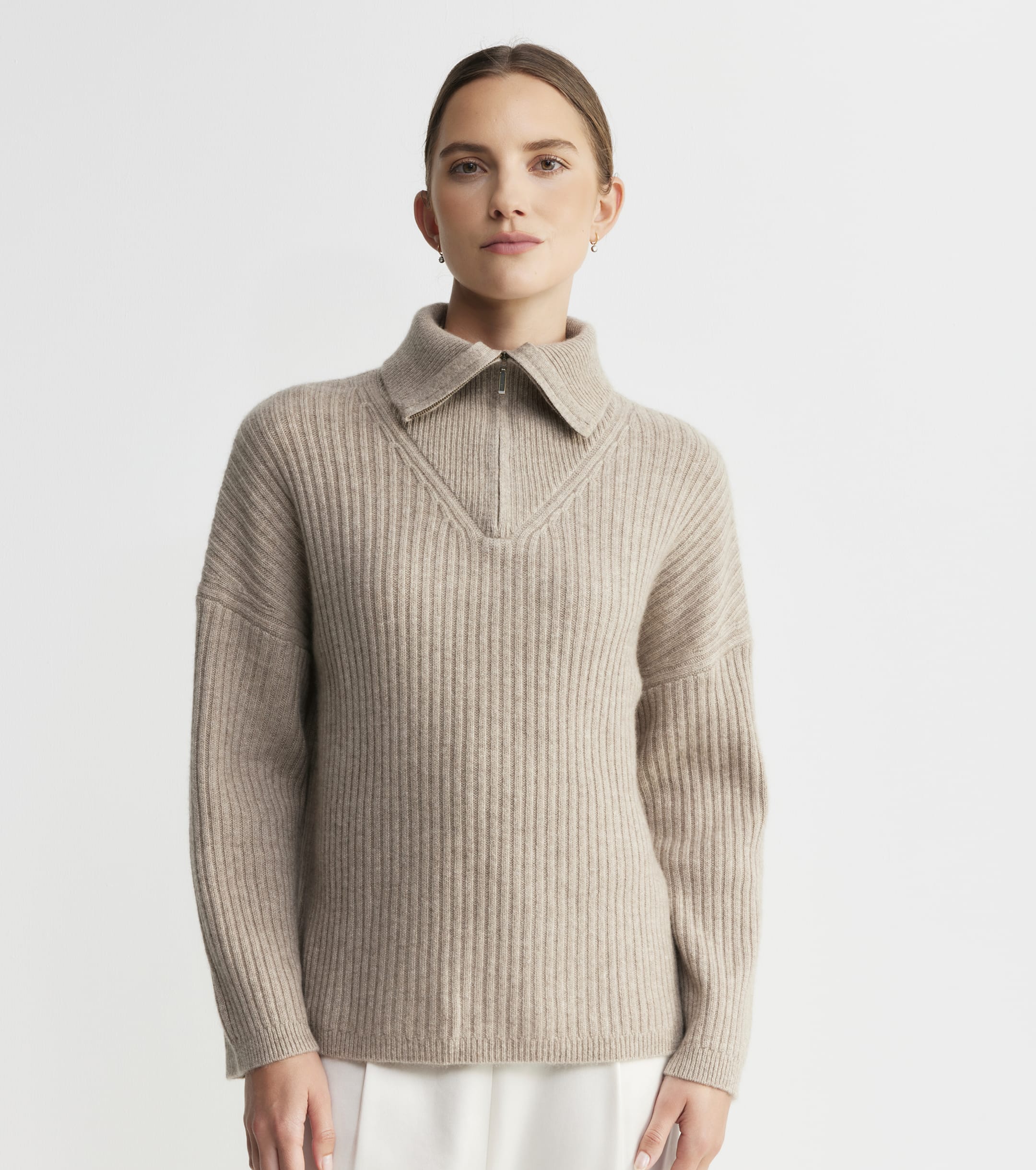 Cashmere Ribbed Quarter Zip - Birch