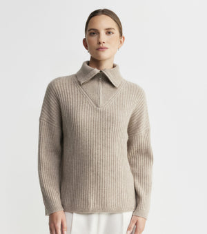 Cashmere Ribbed Quarter Zip - Birch