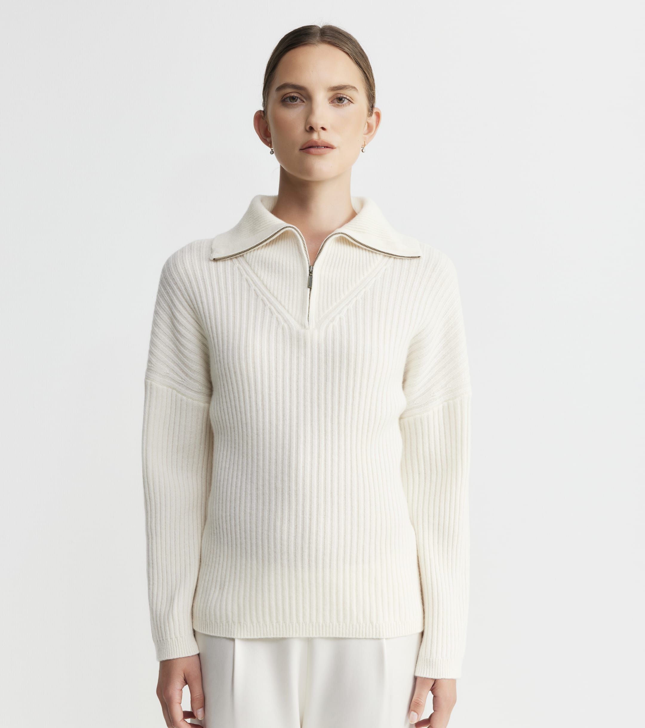 Cashmere Ribbed Quarter Zip - Cream