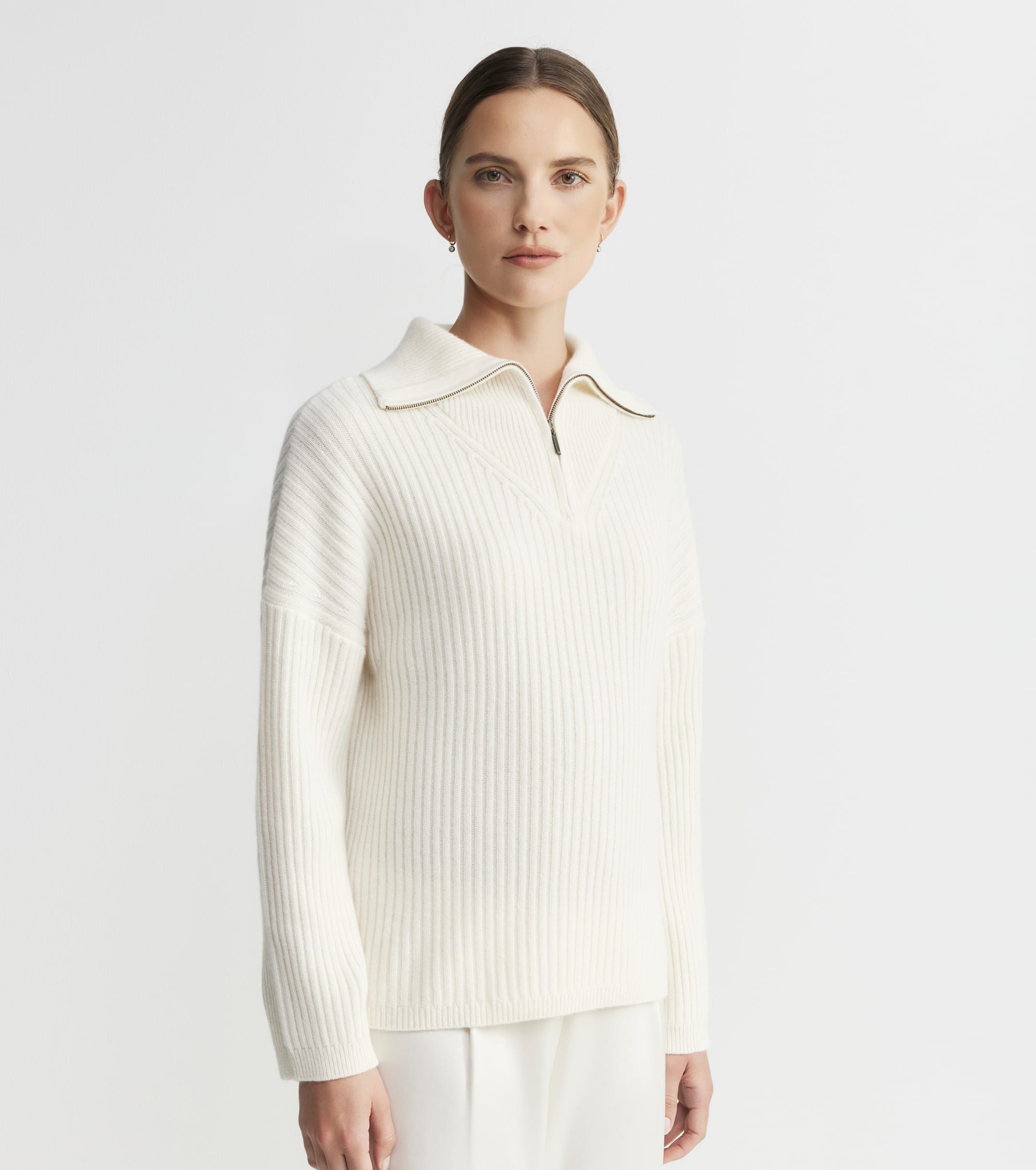 Cashmere Ribbed Quarter Zip - Cream