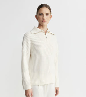 Cashmere Ribbed Quarter Zip - Cream