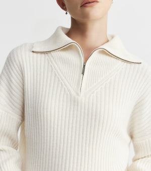 Cashmere Ribbed Quarter Zip - Cream
