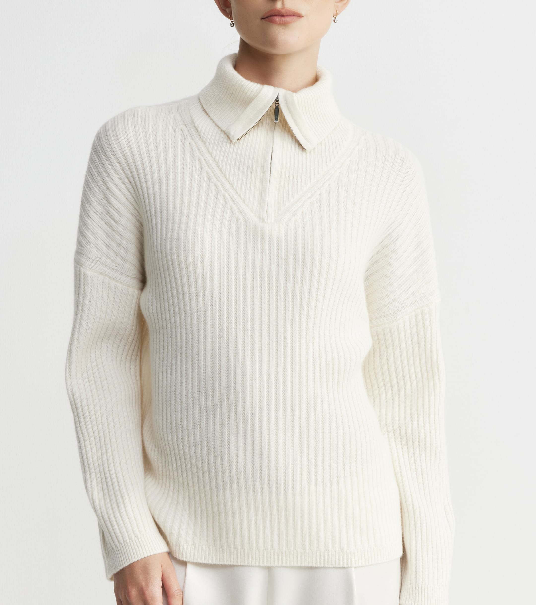 Cashmere Ribbed Quarter Zip - Cream