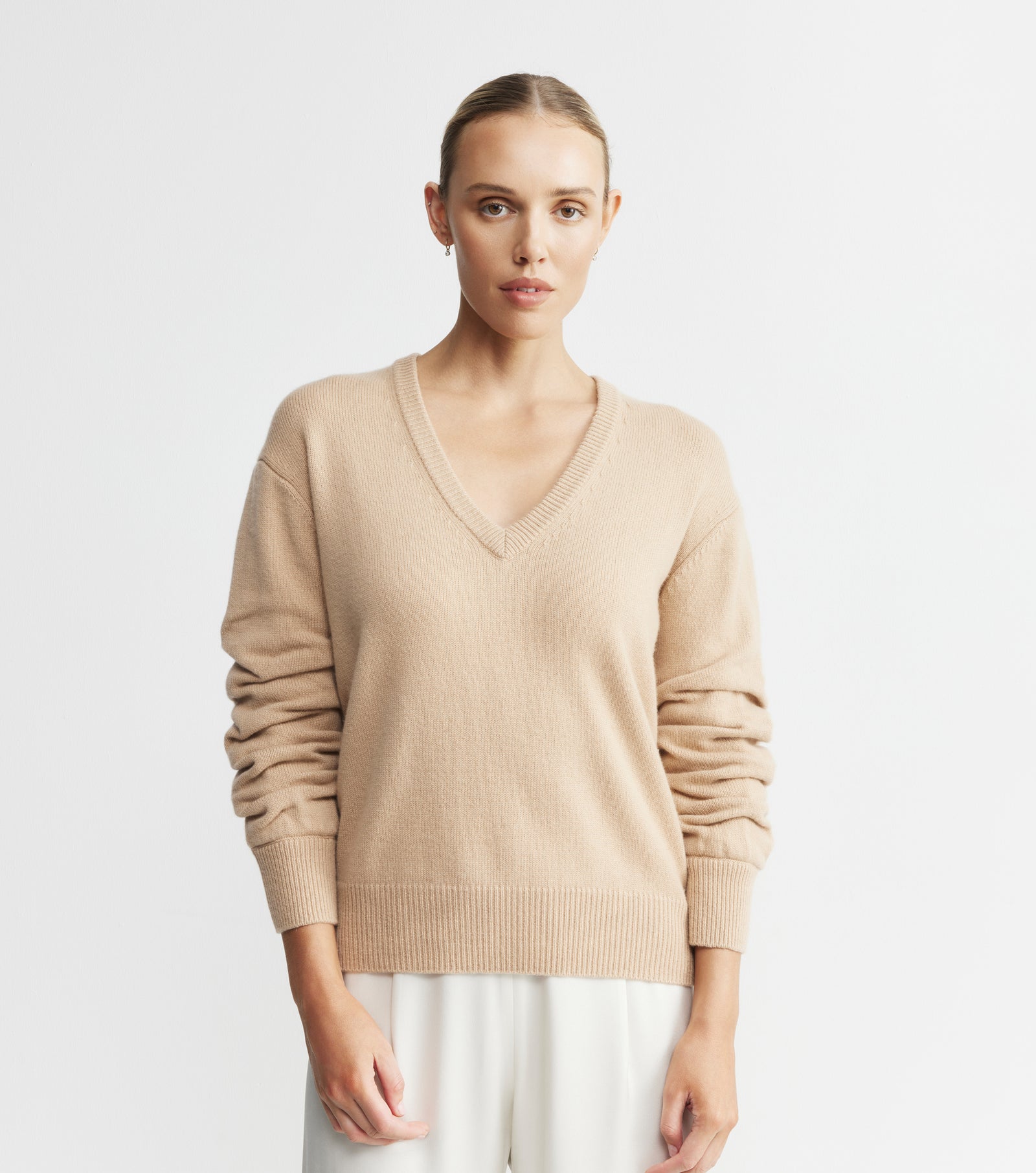 Cashmere V Neck with Ruched Sleeve - Camel