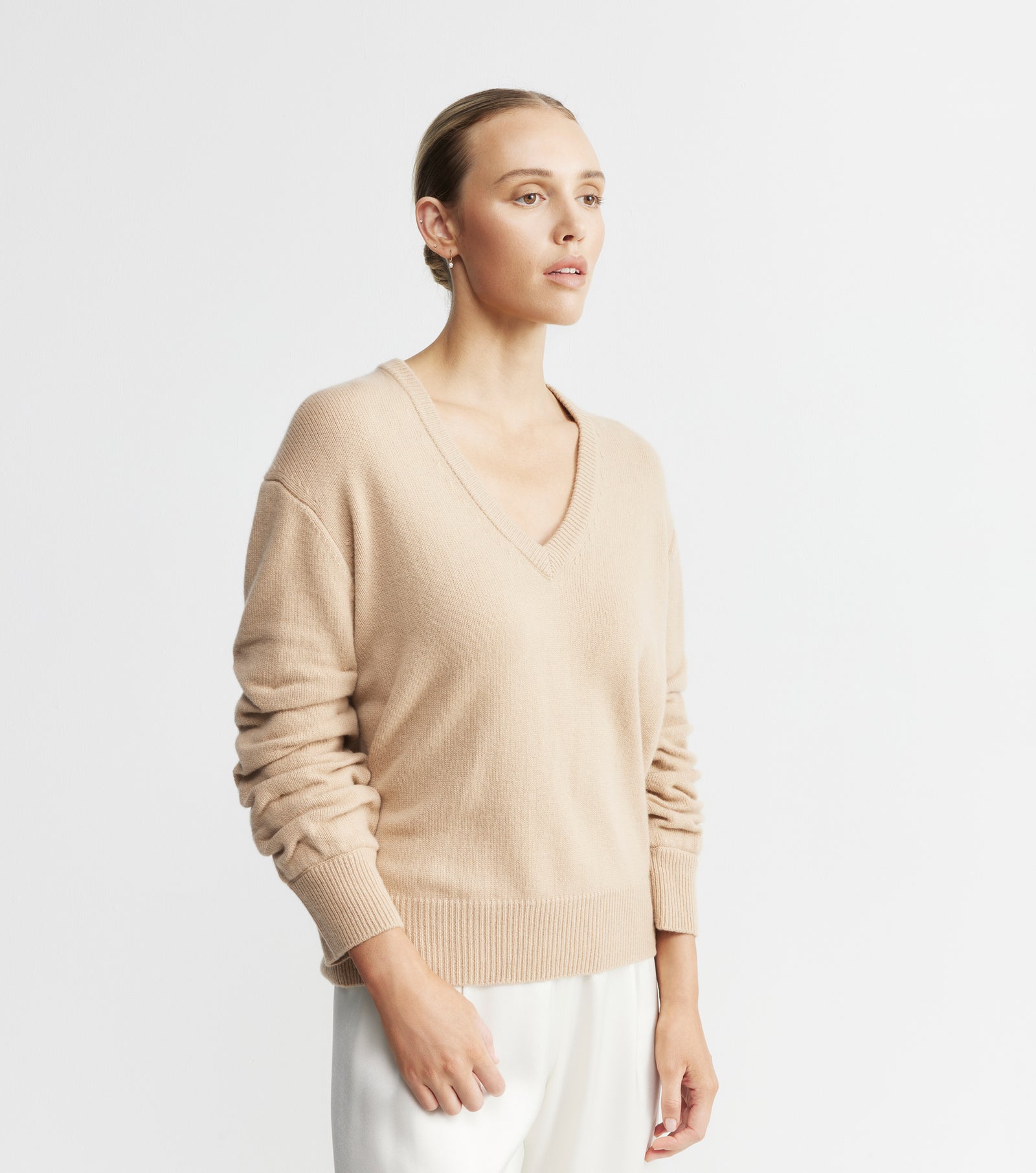 Cashmere V Neck with Ruched Sleeve - Camel