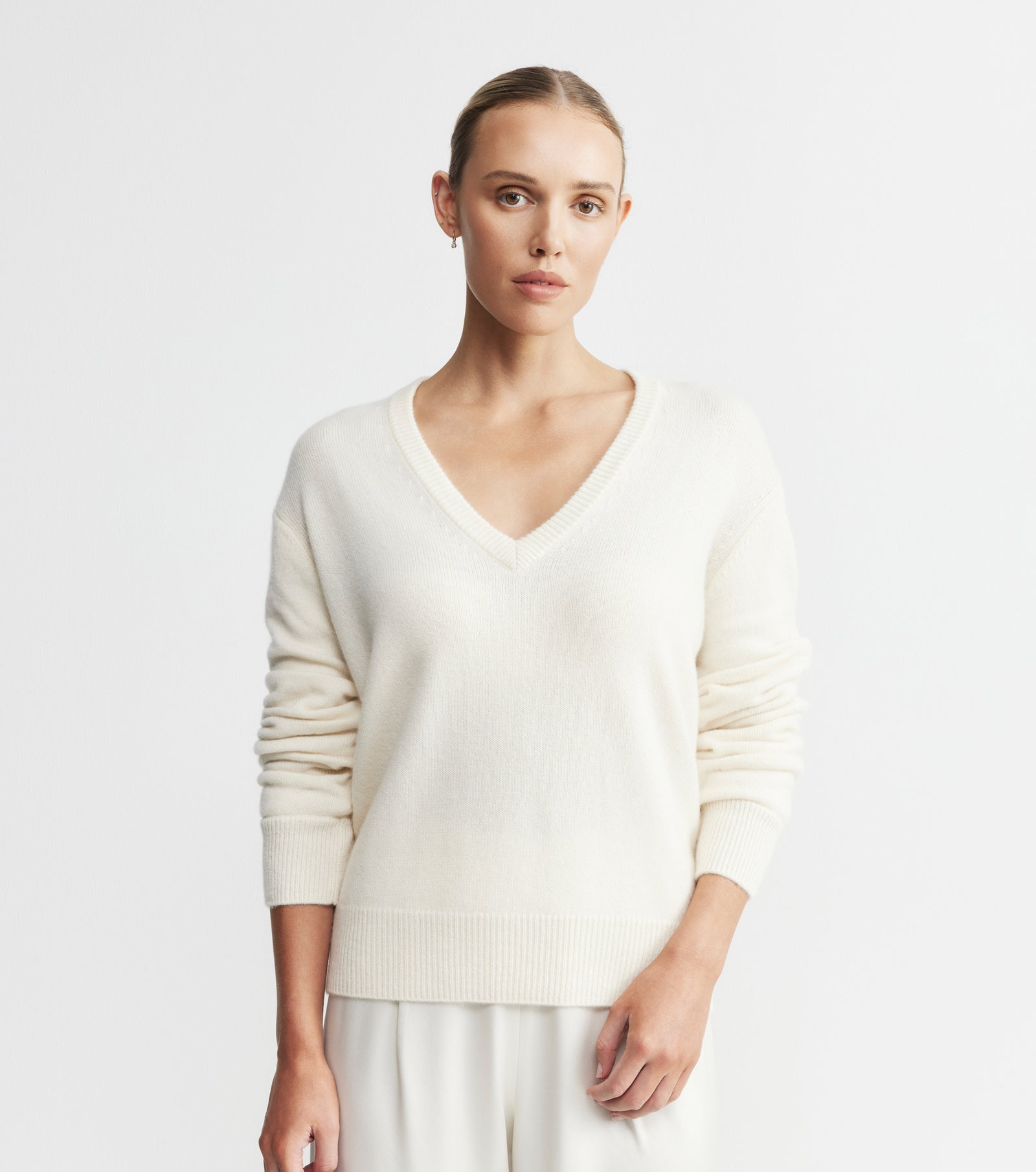 Cashmere V Neck with Ruched Sleeve - Cream