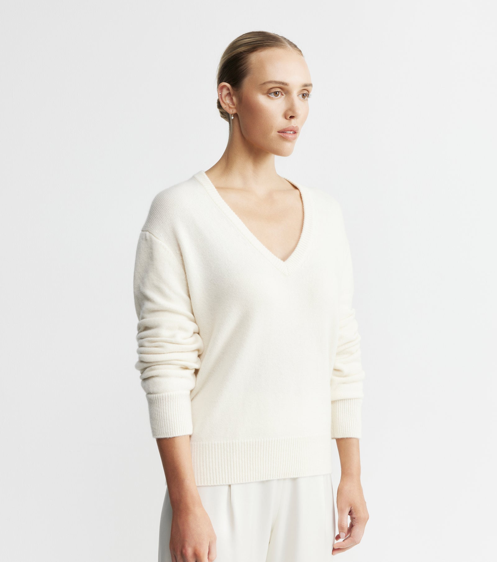 Cashmere V Neck with Ruched Sleeve - Cream