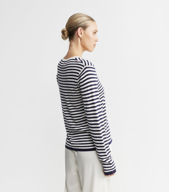Silk Cashmere Long Sleeve Stripe Tee - Navy/White