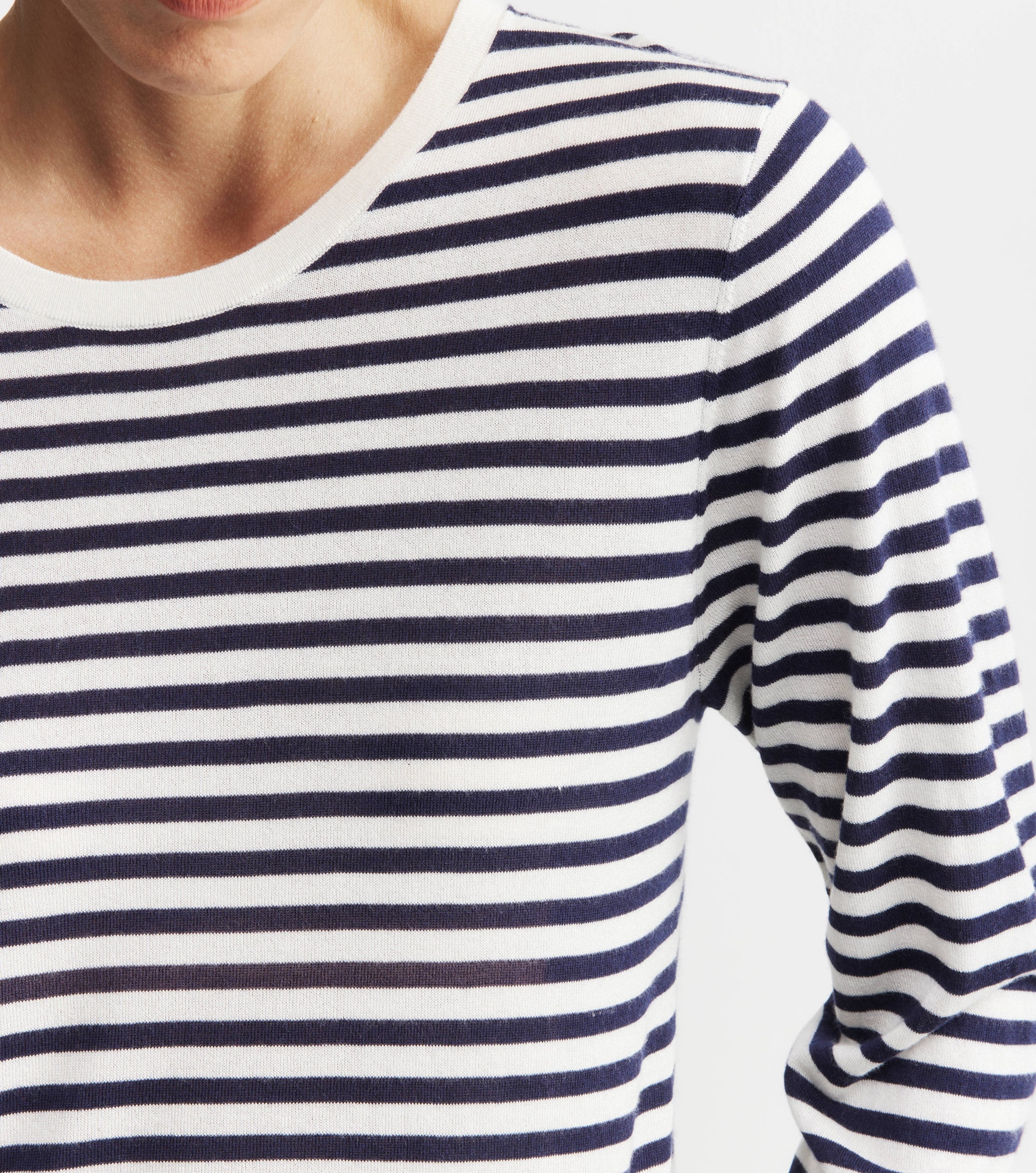 Silk Cashmere Long Sleeve Stripe Tee - Navy/White