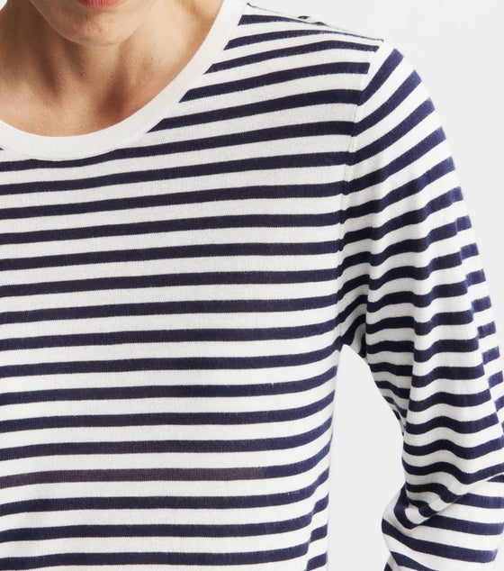 Silk Cashmere Long Sleeve Stripe Tee - Navy/White