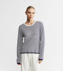  Silk Cashmere Long Sleeve Stripe Tee - Navy/White