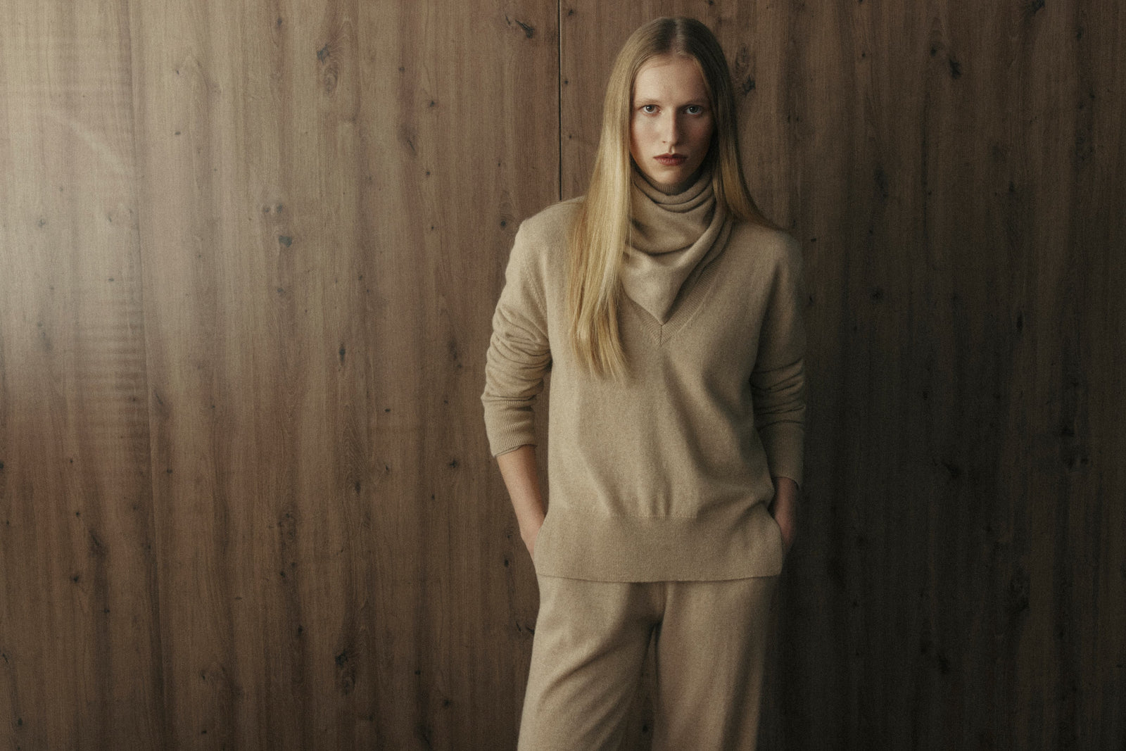 Baby Cashmere V-Neck, Trouser and Triangle Scarf all in Camel Melange